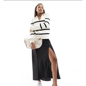 Mango Women's Cream and Black Striped V-Neck Sweater with Collar